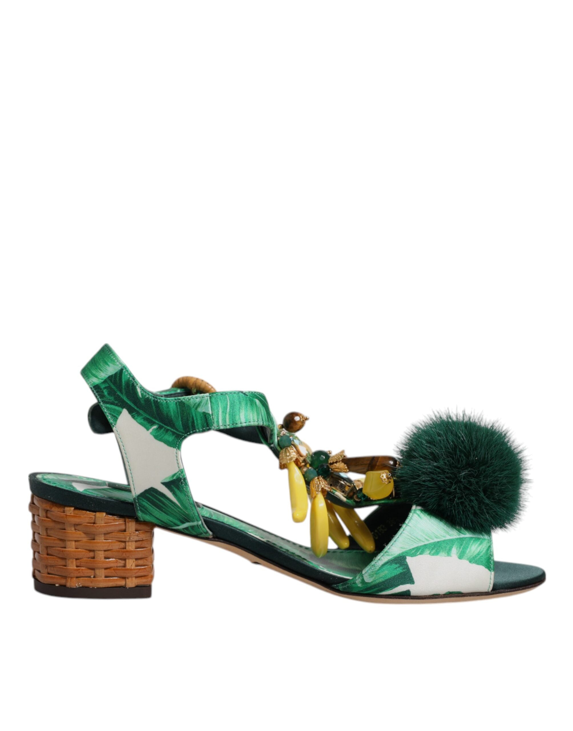 Dolce & Gabbana Grüne Kristallbesetzte Pelz-Sandalen