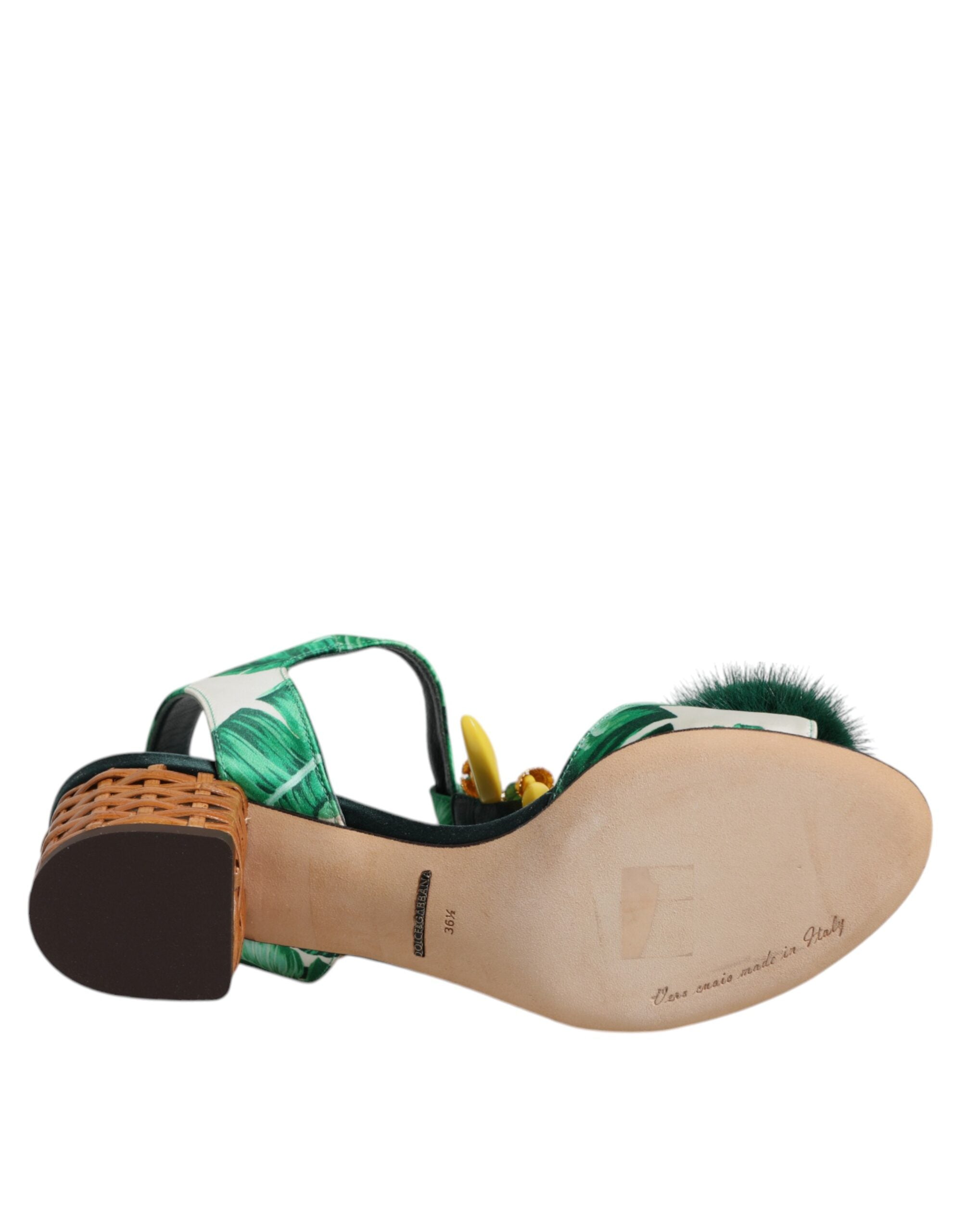 Dolce & Gabbana Grüne Kristallbesetzte Pelz-Sandalen