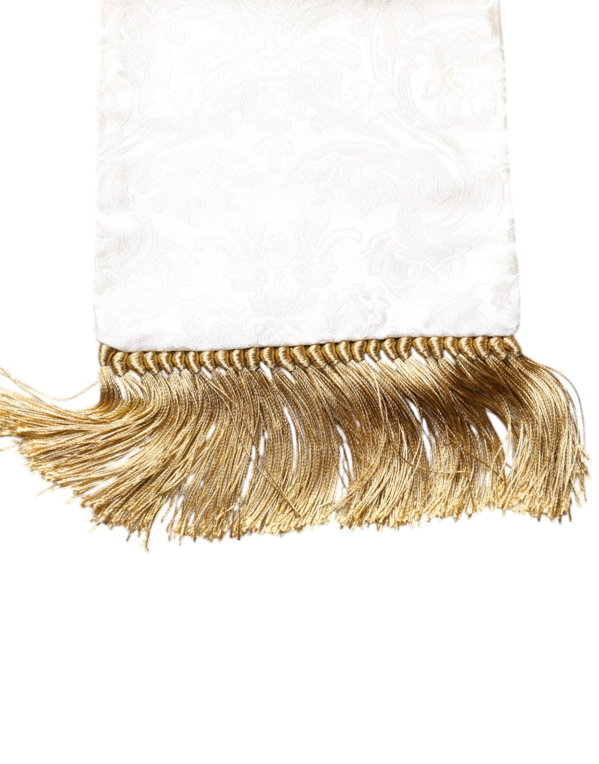 Dolce & Gabbana White Floral Jacquard Skinny Fringes Scarf