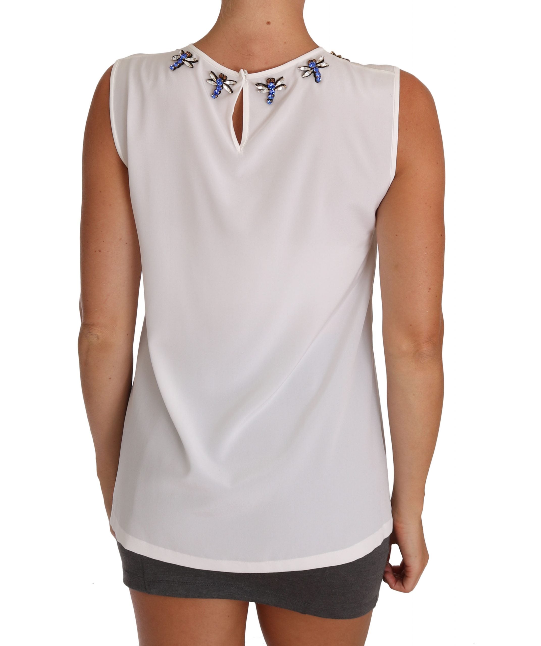 Dolce & Gabbana Weißes Seiden-T-Shirt mit Kristallverzierung und Fliegen-Motiv