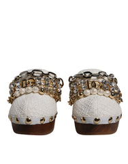 Dolce & Gabbana Weiße Raffia Clogs Bejeweled Kettensandalen Schuhe