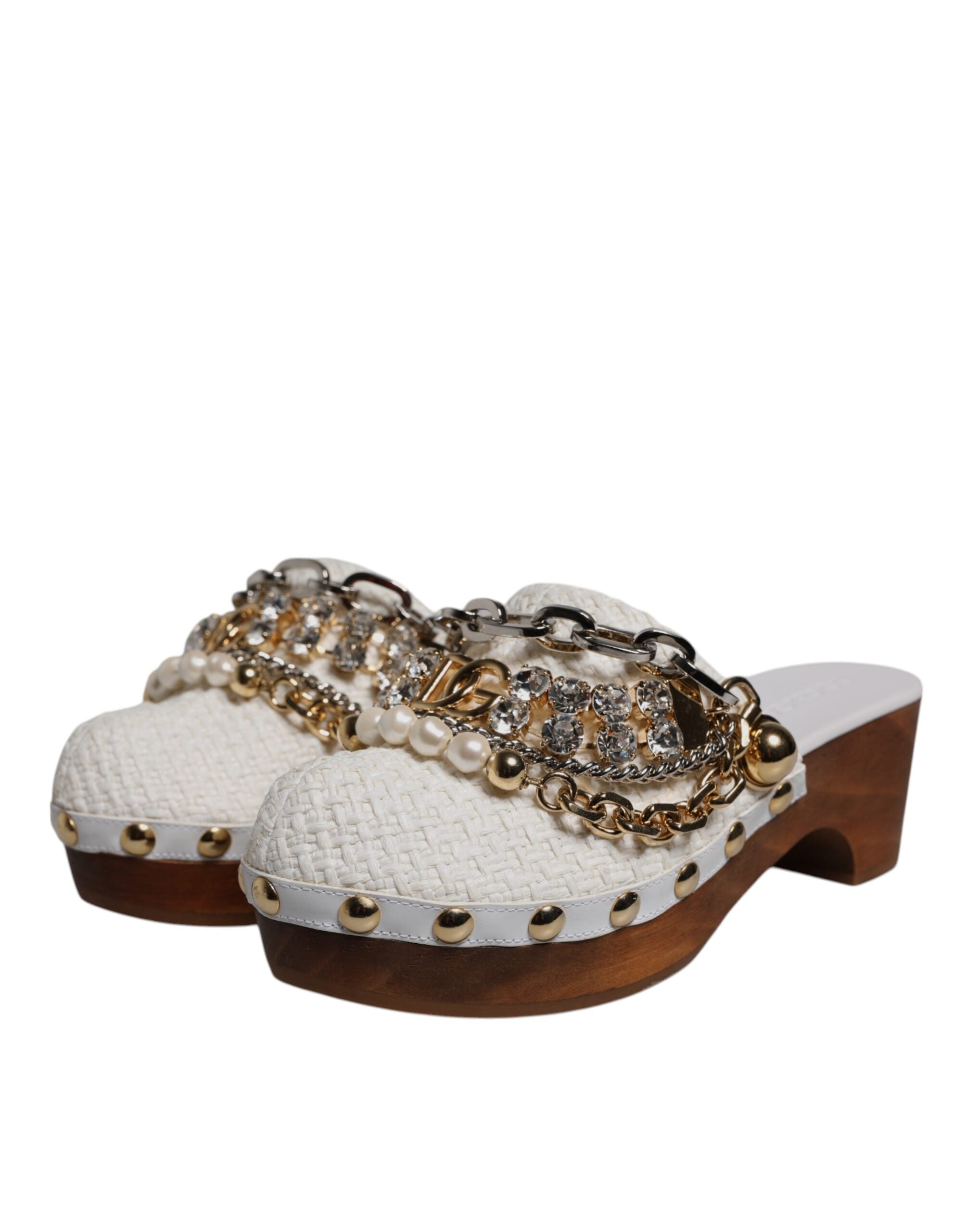 Dolce & Gabbana Weiße Raffia Clogs Bejeweled Kettensandalen Schuhe