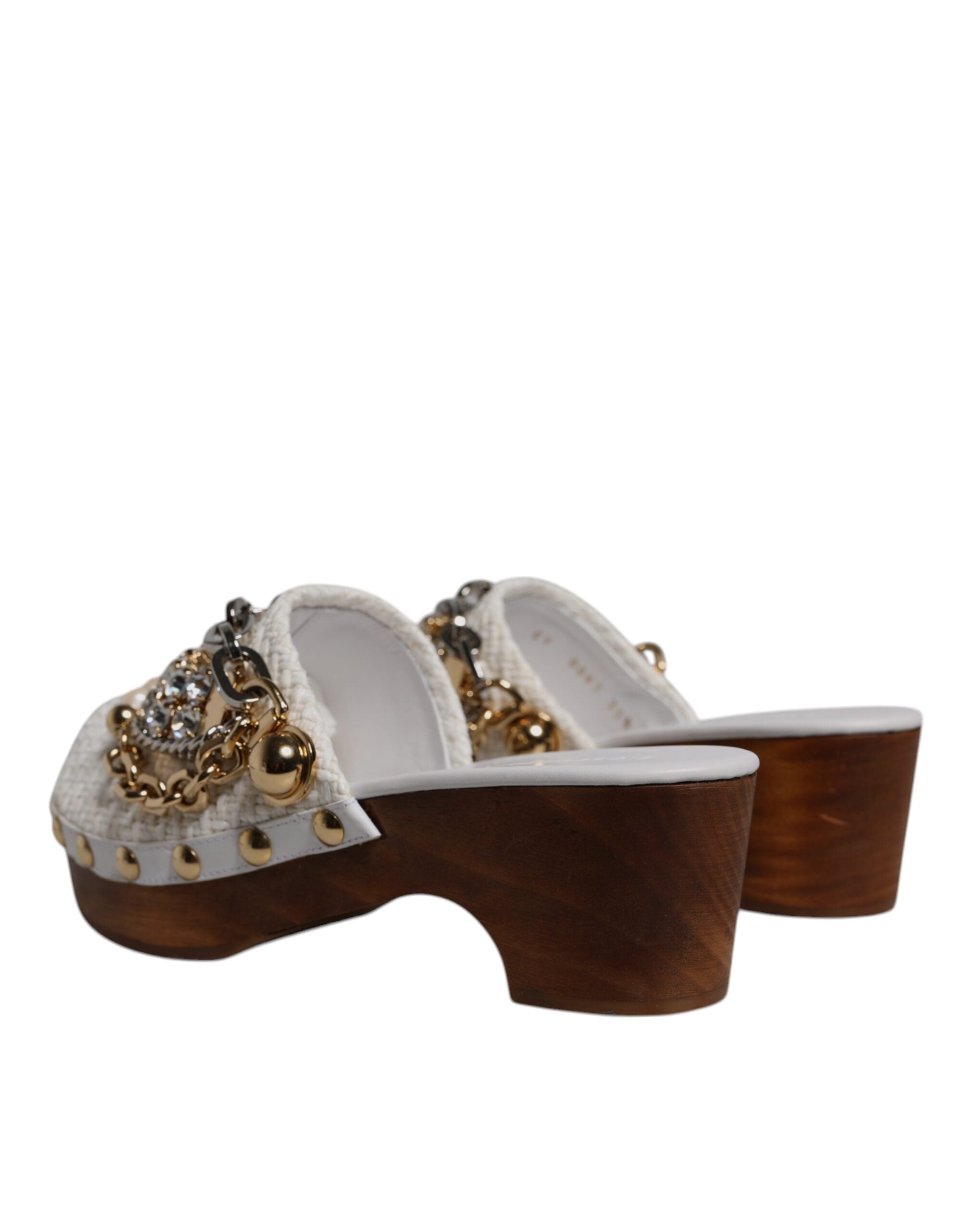 Dolce & Gabbana Weiße Raffia Clogs Bejeweled Kettensandalen Schuhe