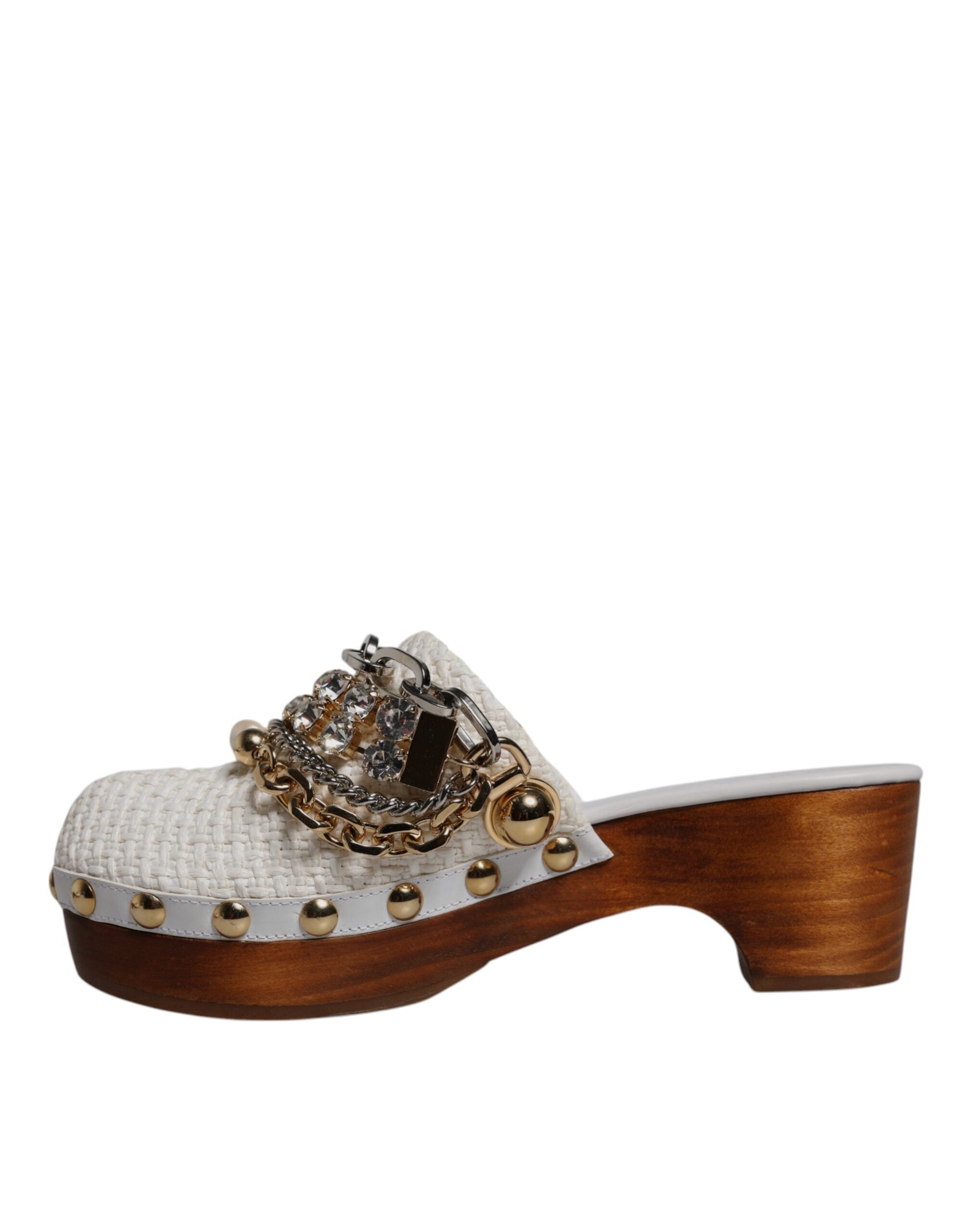Dolce & Gabbana Weiße Raffia Clogs Bejeweled Kettensandalen Schuhe