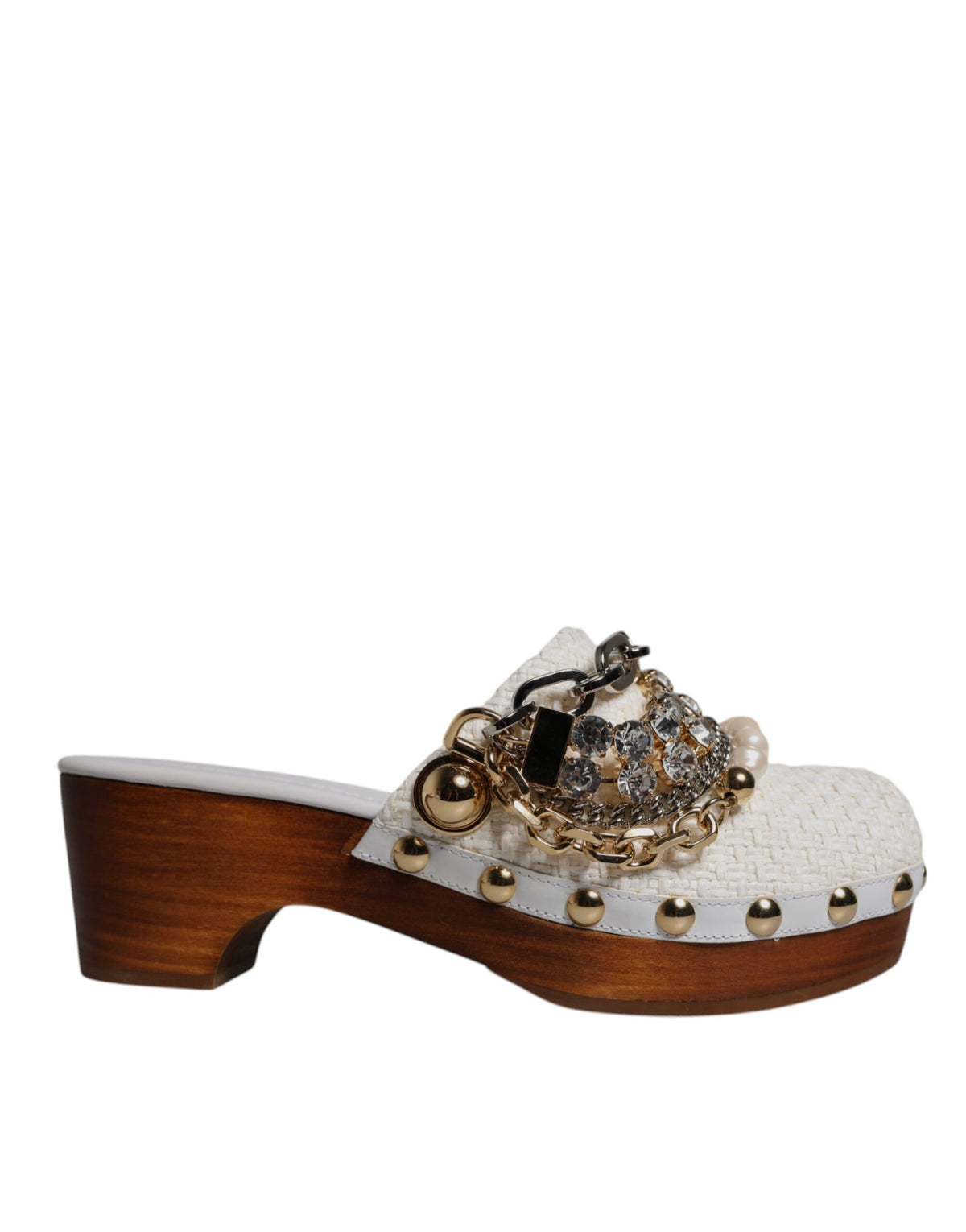 Dolce & Gabbana Weiße Raffia Clogs Bejeweled Kettensandalen Schuhe