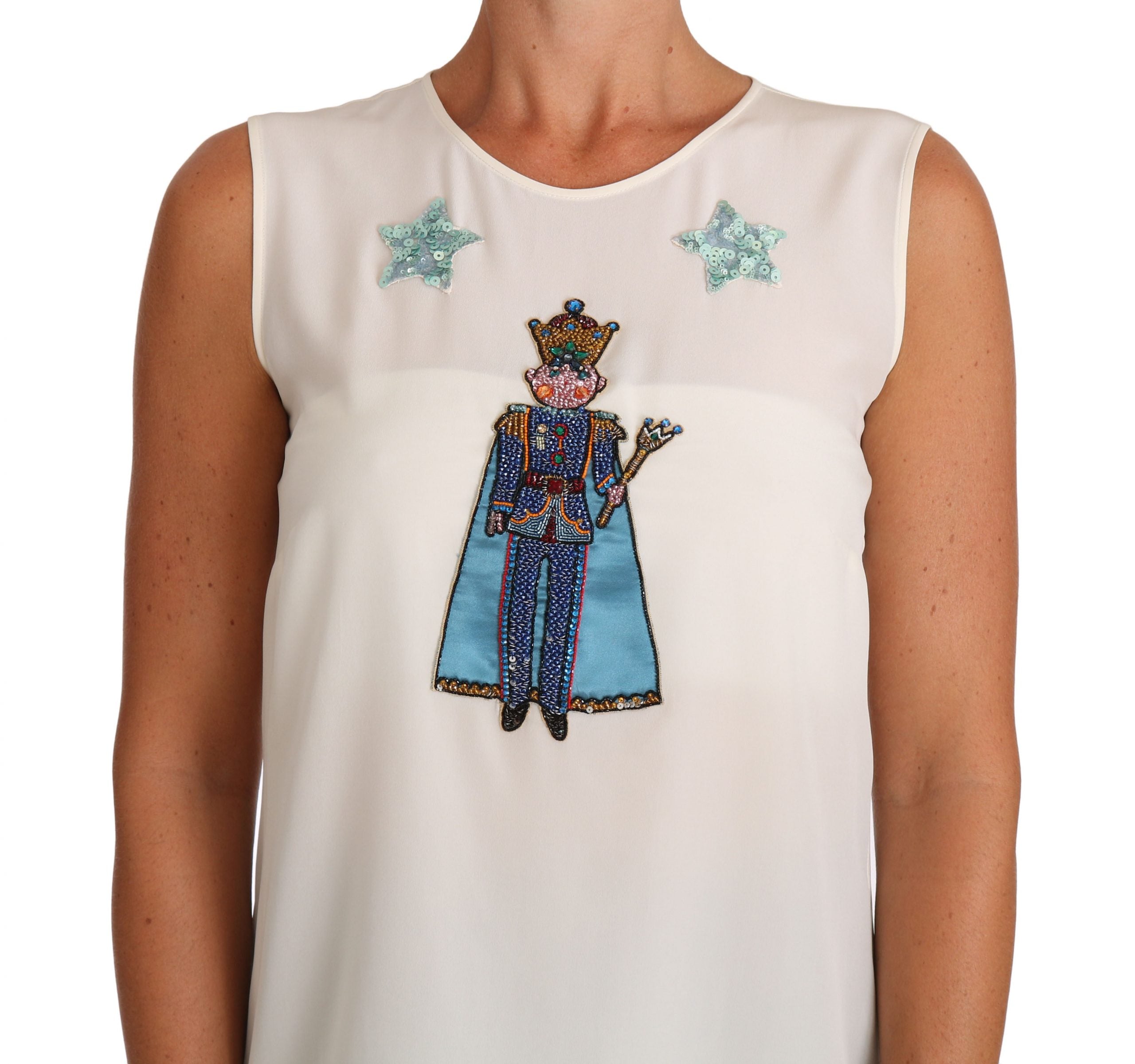 Dolce & Gabbana Weißes Seiden-T-Shirt mit Kristall-Pailletten-Fee