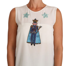 Dolce & Gabbana Weißes Seiden-T-Shirt mit Kristall-Pailletten-Fee