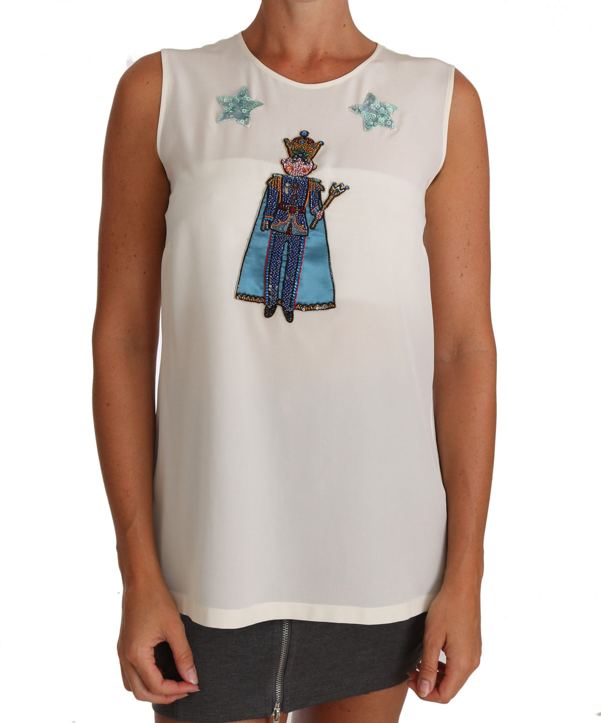 Dolce & Gabbana Weißes Seiden-T-Shirt mit Kristall-Pailletten-Fee