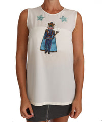 Dolce & Gabbana Weißes Seiden-T-Shirt mit Kristall-Pailletten-Fee