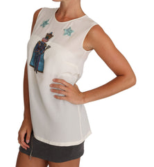 Dolce & Gabbana Weißes Seiden-T-Shirt mit Kristall-Pailletten-Fee