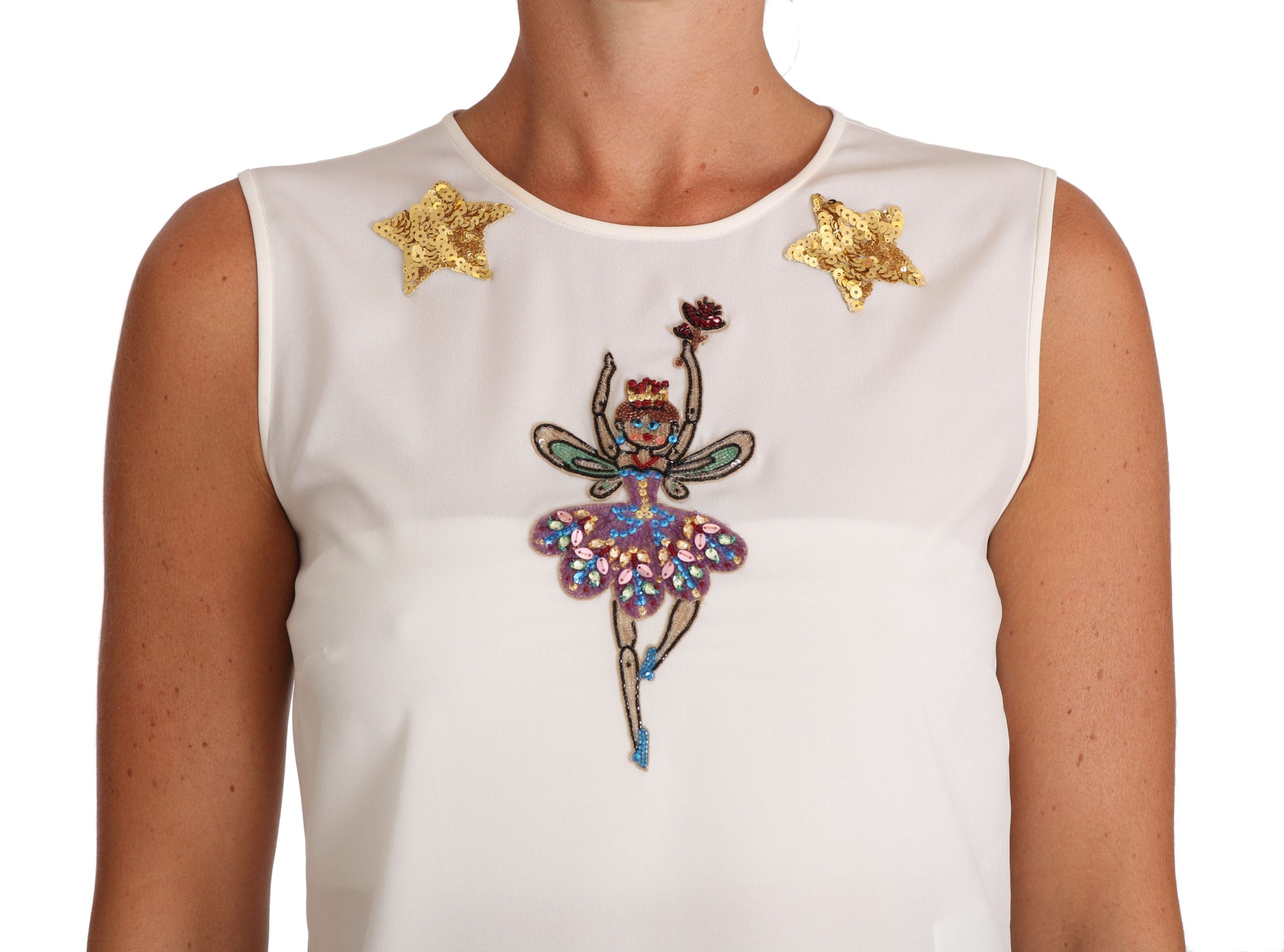 Dolce & Gabbana Weißes Seiden-Oberteil mit Kristall-Pailletten und Feen-Applikation