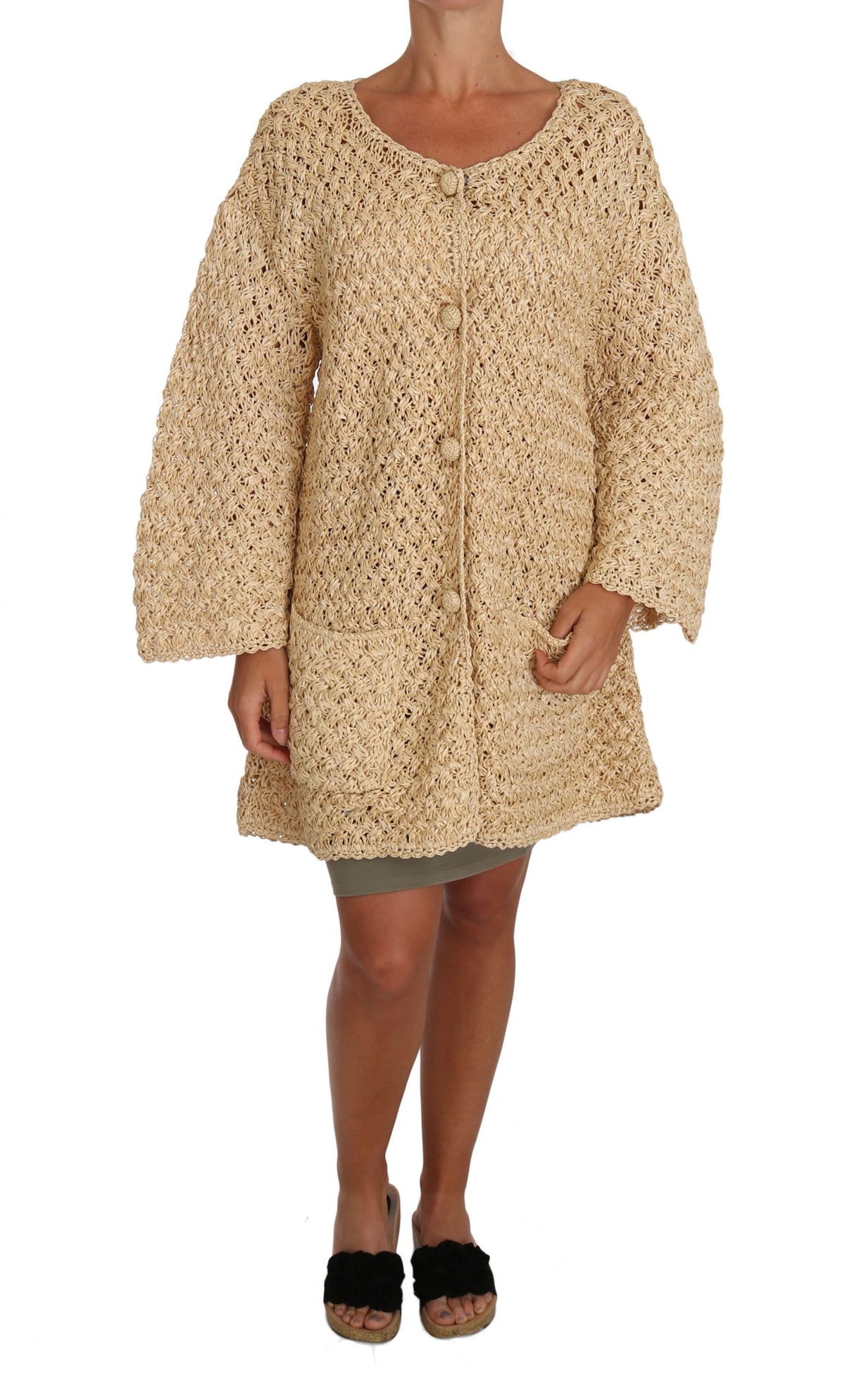 Dolce & Gabbana Beige Strickjacke Häkelstrick Raffia Pullover