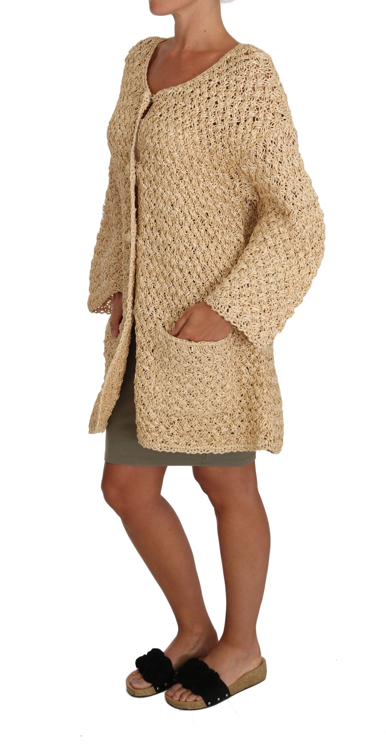 Dolce & Gabbana Beige Strickjacke Häkelstrick Raffia Pullover