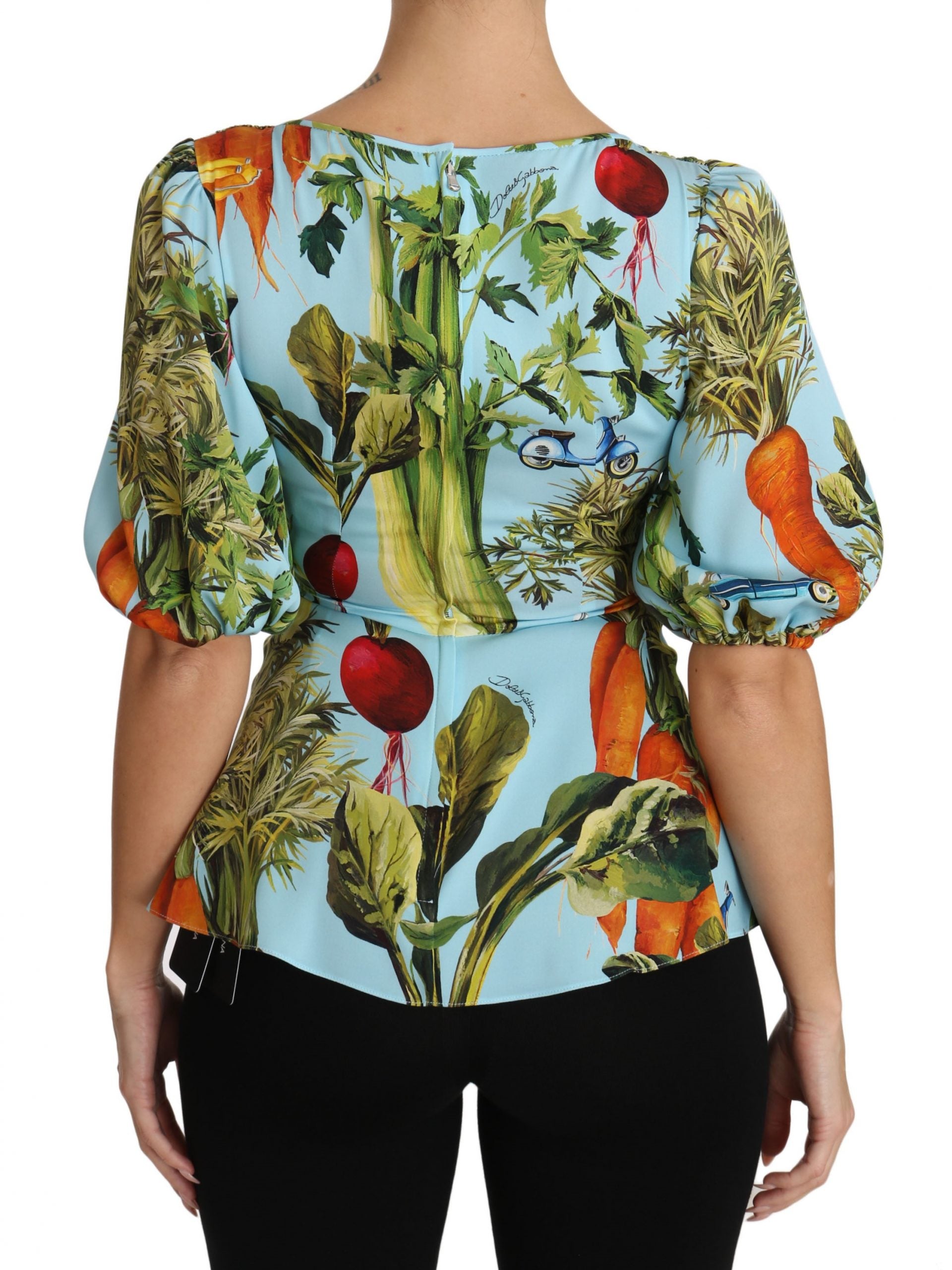 Dolce & Gabbana Multicolor Zijden Top met Groenteprint Peplum Wikkelblouse
