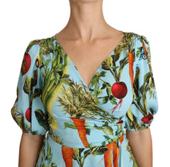 Dolce & Gabbana Multicolor Zijden Top met Groenteprint Peplum Wikkelblouse