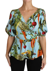 Dolce & Gabbana Multicolor Zijden Top met Groenteprint Peplum Wikkelblouse