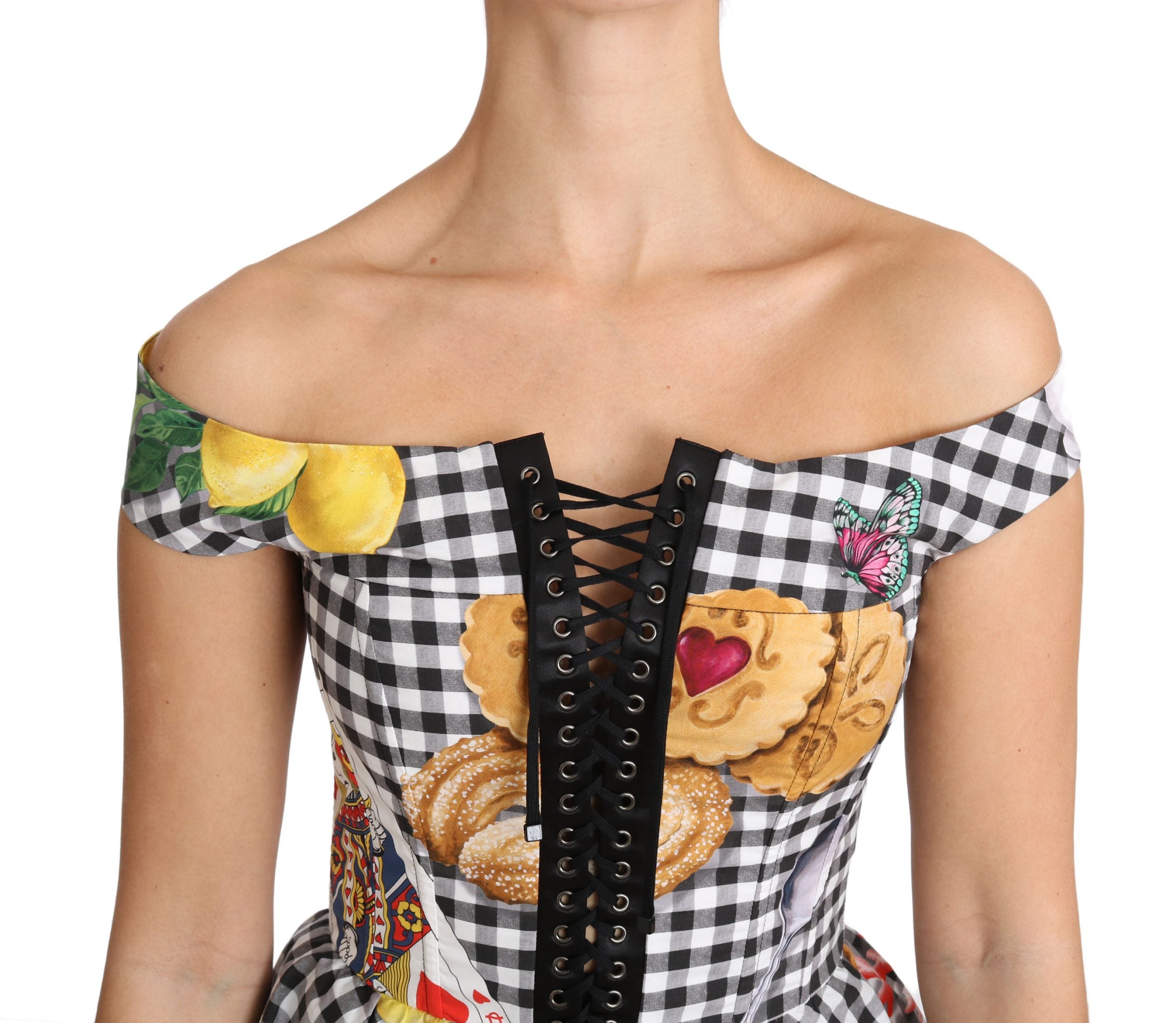 Dolce & Gabbana Schwarz-weiße Korsettbluse Sicily Zitronen-Karo-Top