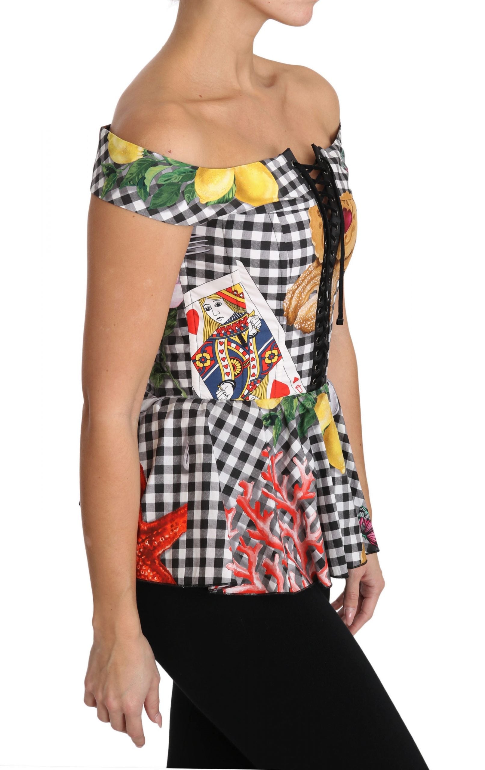 Dolce & Gabbana Schwarz-weiße Korsettbluse Sicily Zitronen-Karo-Top