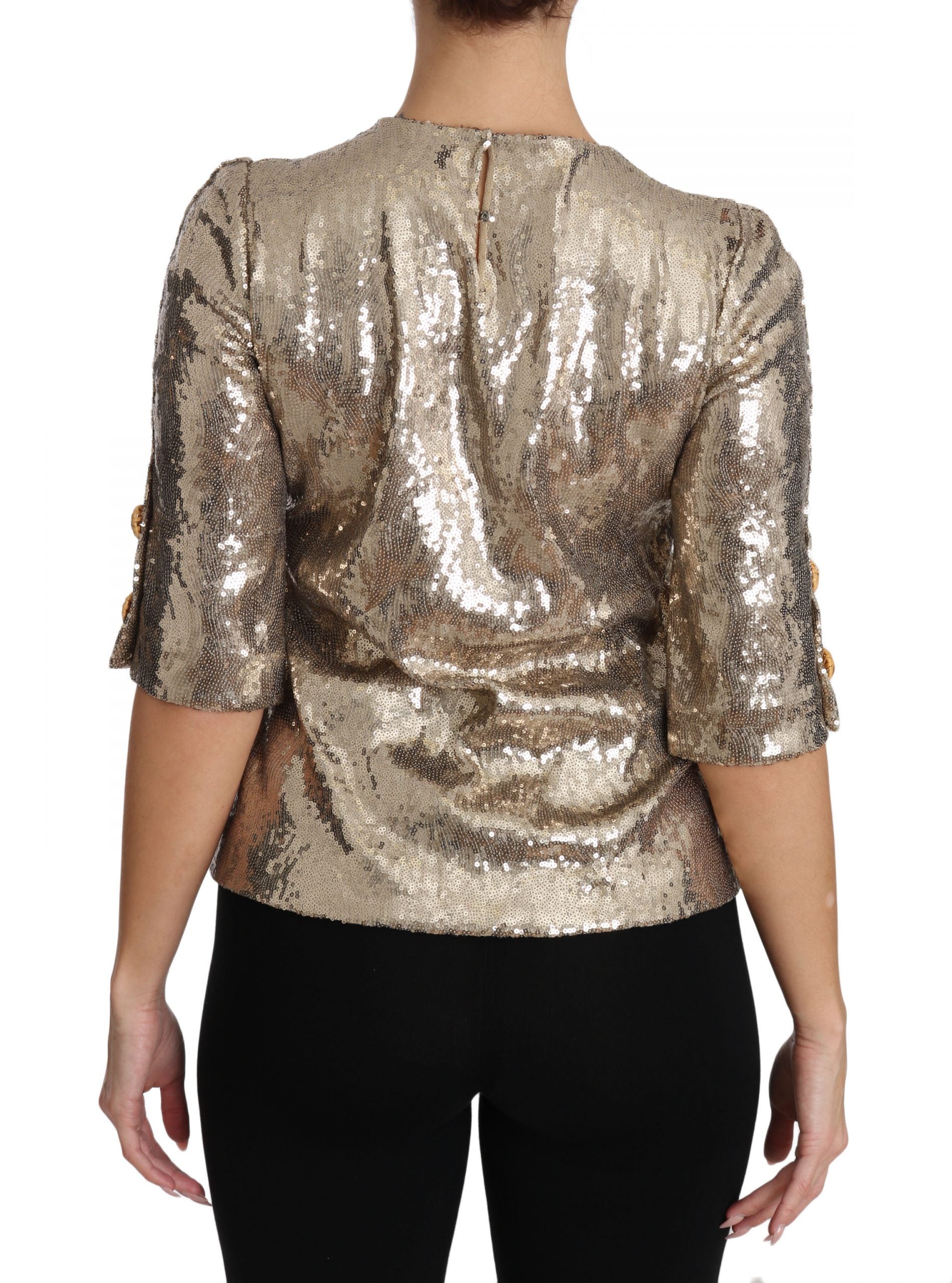 Dolce & Gabbana Goldene Paillettenbluse mit Papagei-Kristallmotiv