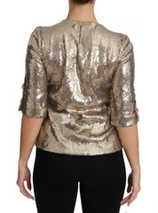 Dolce & Gabbana Goldene Paillettenbluse mit Papagei-Kristallmotiv
