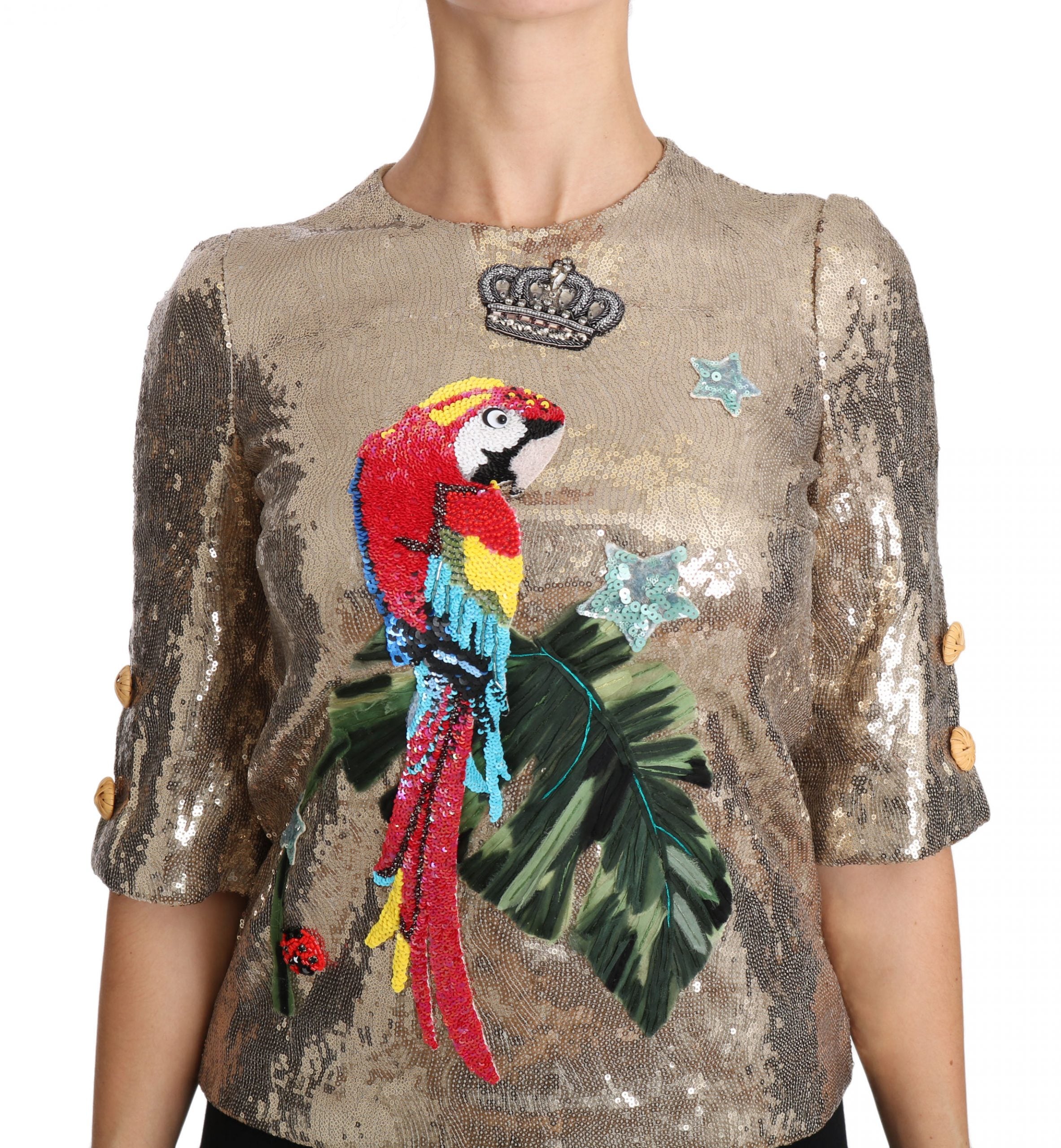 Dolce & Gabbana Goldene Paillettenbluse mit Papagei-Kristallmotiv