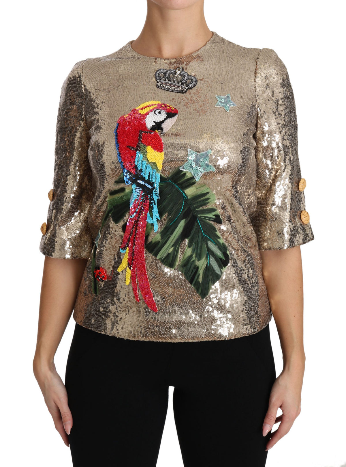 Dolce & Gabbana Goldene Paillettenbluse mit Papagei-Kristallmotiv