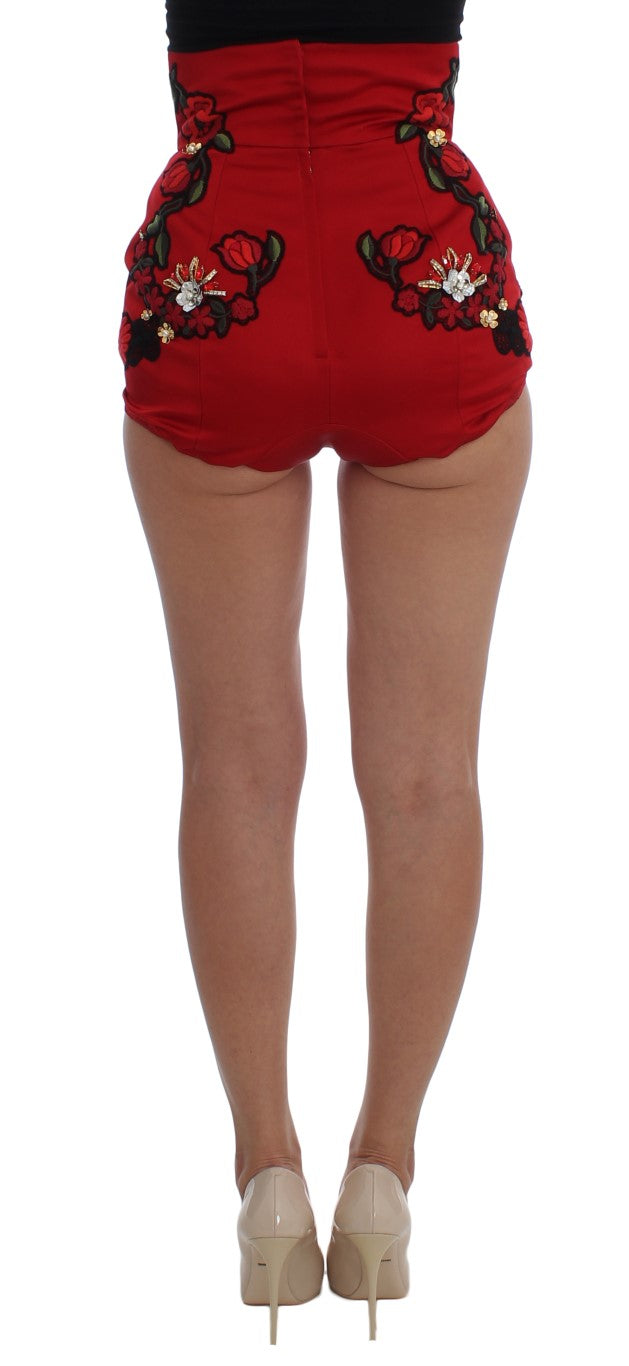 Dolce & Gabbana Rote Seiden-Shorts mit Kristallrosen