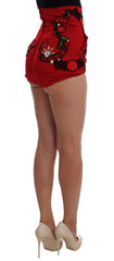 Dolce & Gabbana Rote Seiden-Shorts mit Kristallrosen