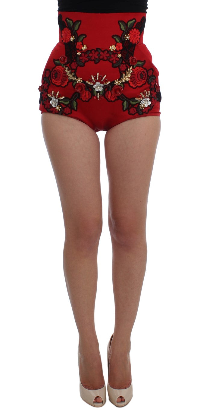Dolce & Gabbana Rote Seiden-Shorts mit Kristallrosen