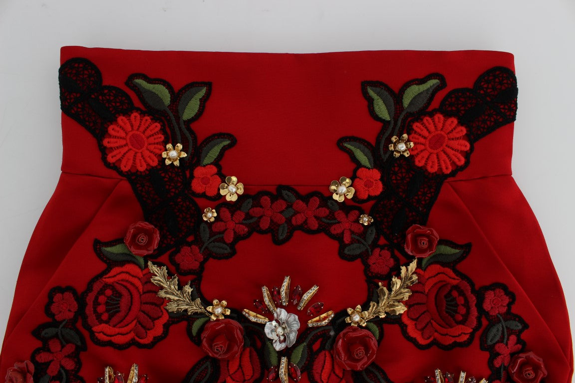 Dolce & Gabbana Rote Seiden-Shorts mit Kristallrosen