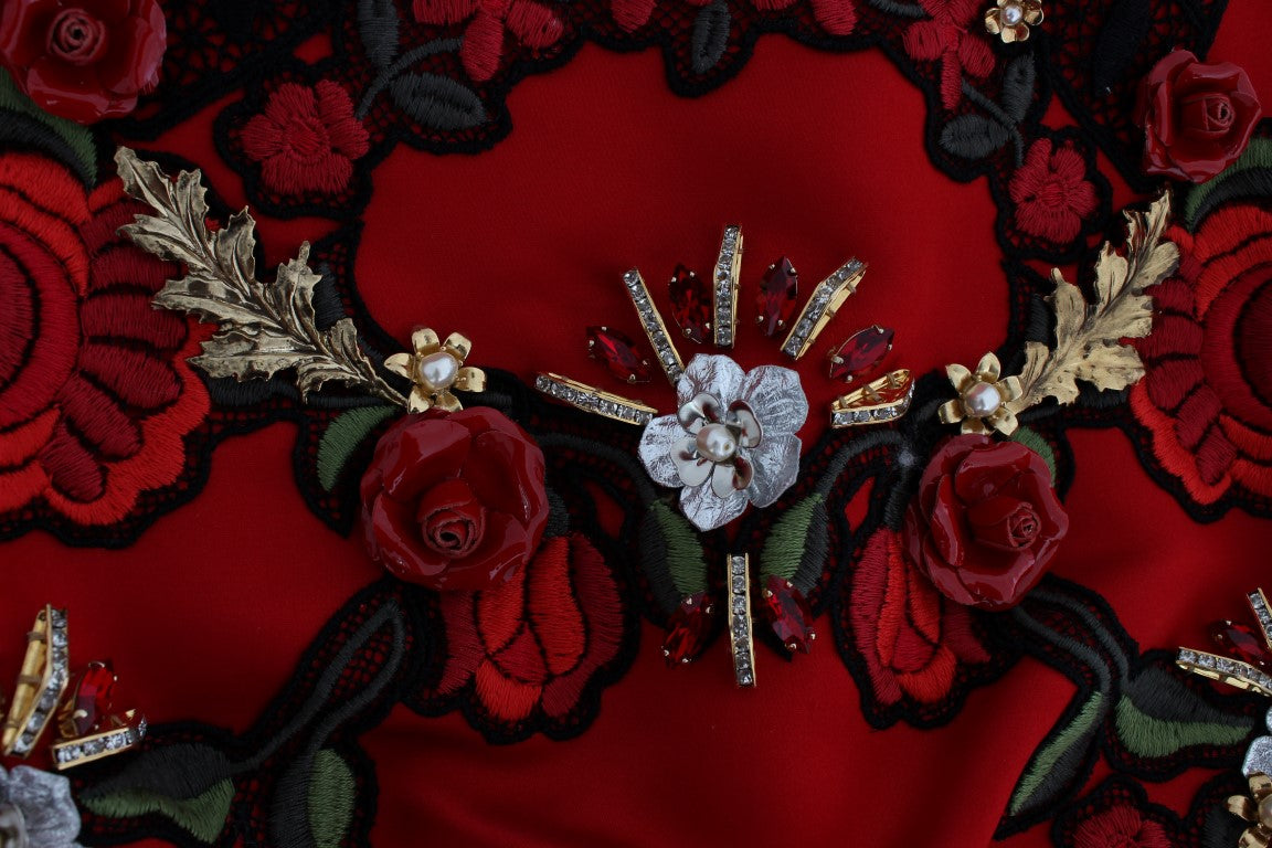 Dolce & Gabbana Rote Seiden-Shorts mit Kristallrosen