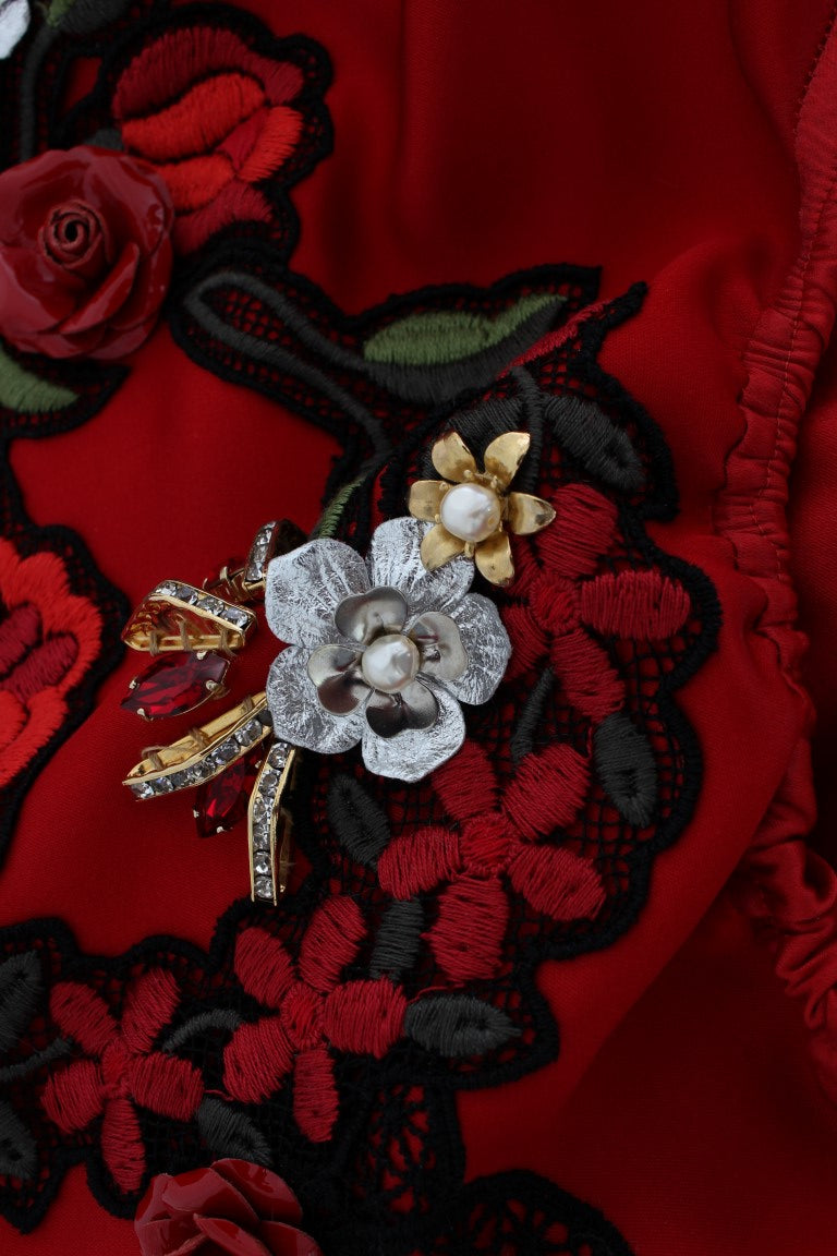 Dolce & Gabbana Rote Seiden-Shorts mit Kristallrosen