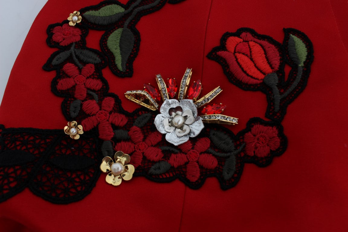 Dolce & Gabbana Rote Seiden-Shorts mit Kristallrosen