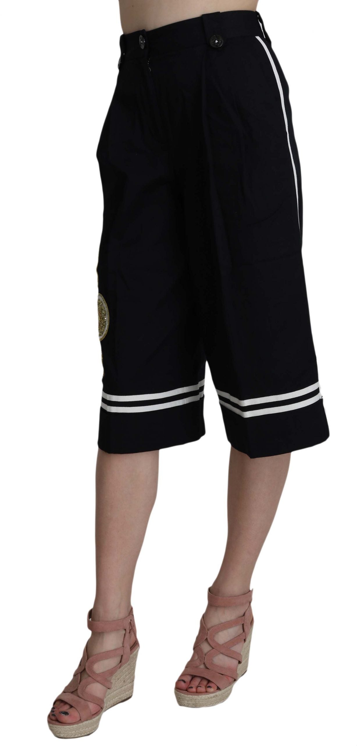 Dolce & Gabbana Schwarze Cropped Baumwollhose mit Verzierungen