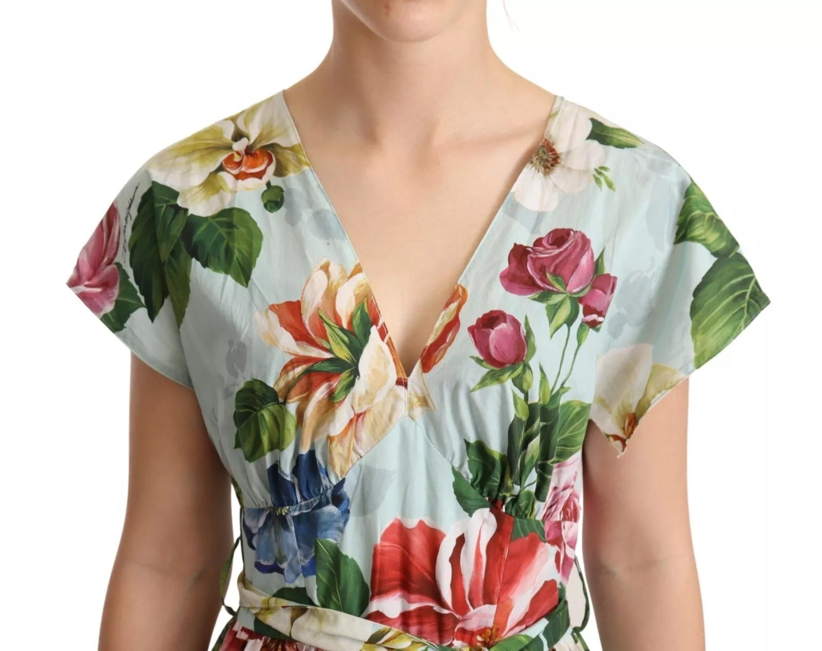 Dolce & Gabbana Grünes, geblümtes Baumwollkleid mit V-Ausschnitt und kurzen Ärmeln