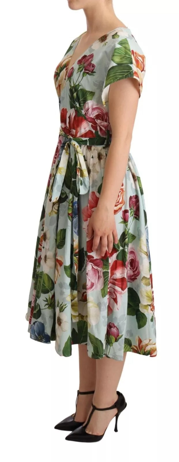 Dolce & Gabbana Grünes, geblümtes Baumwollkleid mit V-Ausschnitt und kurzen Ärmeln