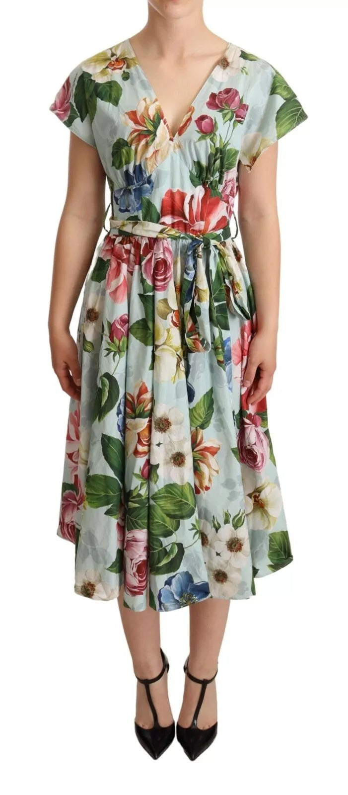 Dolce & Gabbana Grünes, geblümtes Baumwollkleid mit V-Ausschnitt und kurzen Ärmeln