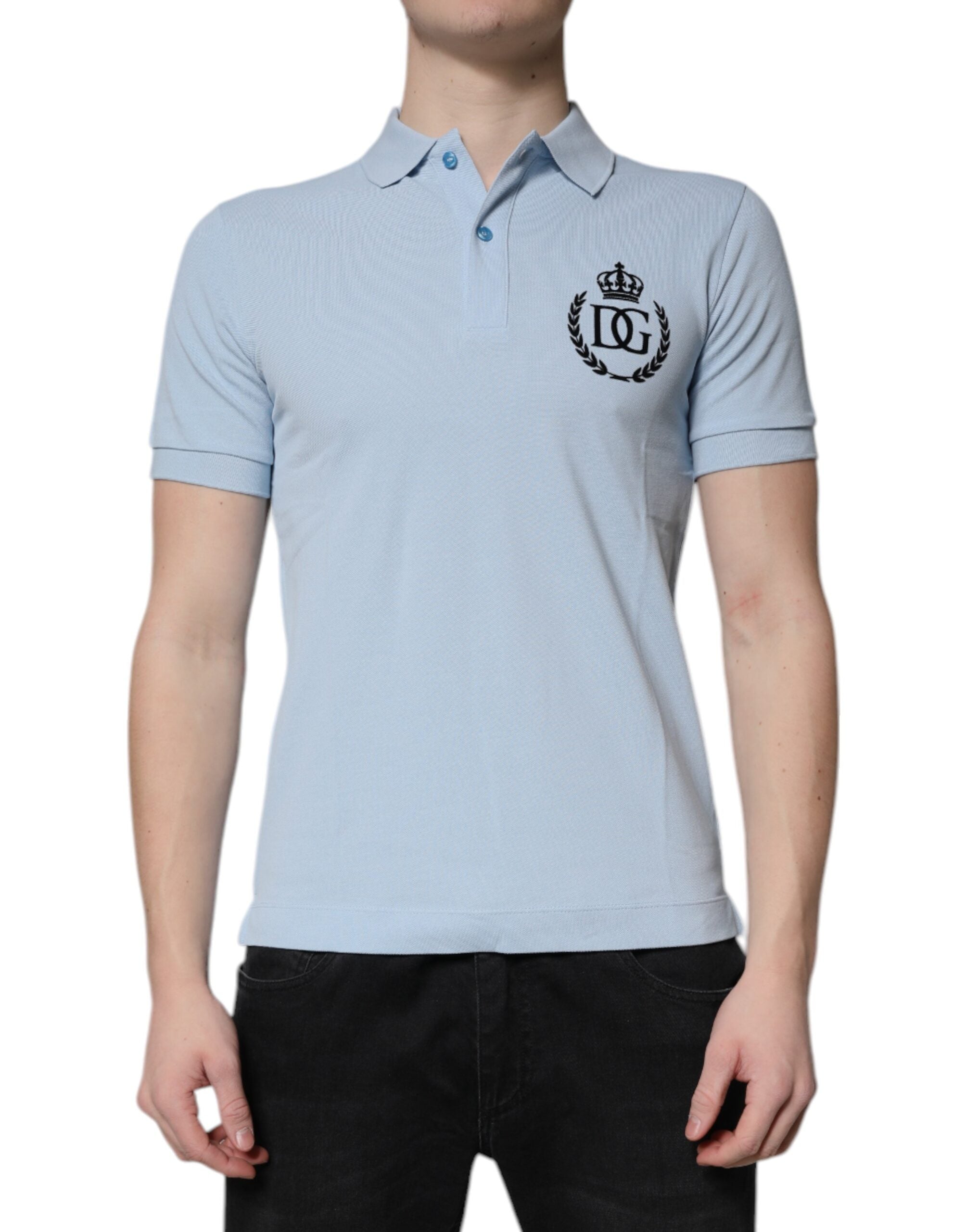 Dolce & Gabbana Hellblaues Baumwoll-Poloshirt mit Kronenkragen