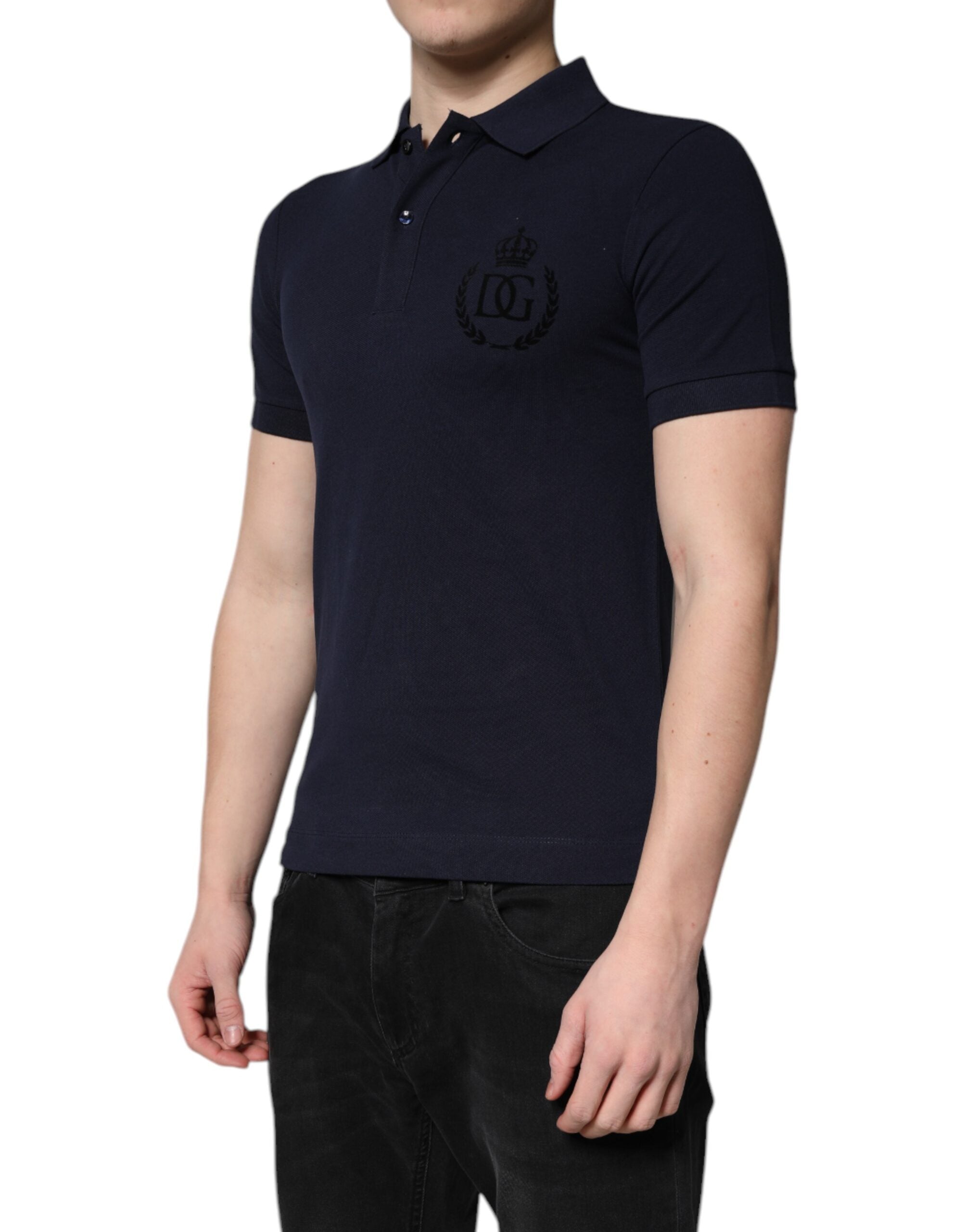 Dolce & Gabbana Dunkelblaues Baumwoll-Polo-T-Shirt mit Kronenkragen