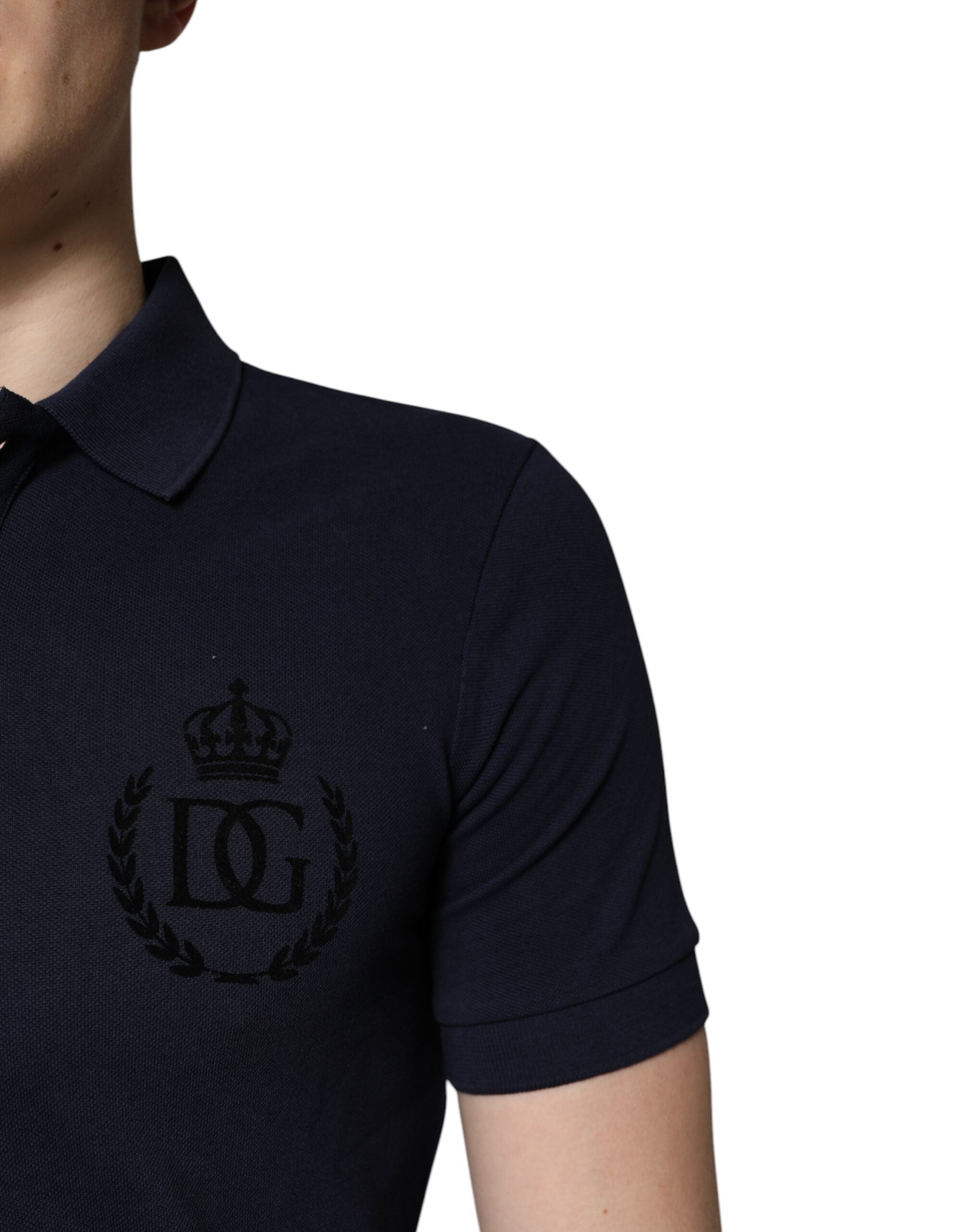 Dolce & Gabbana Dunkelblaues Baumwoll-Polo-T-Shirt mit Kronenkragen