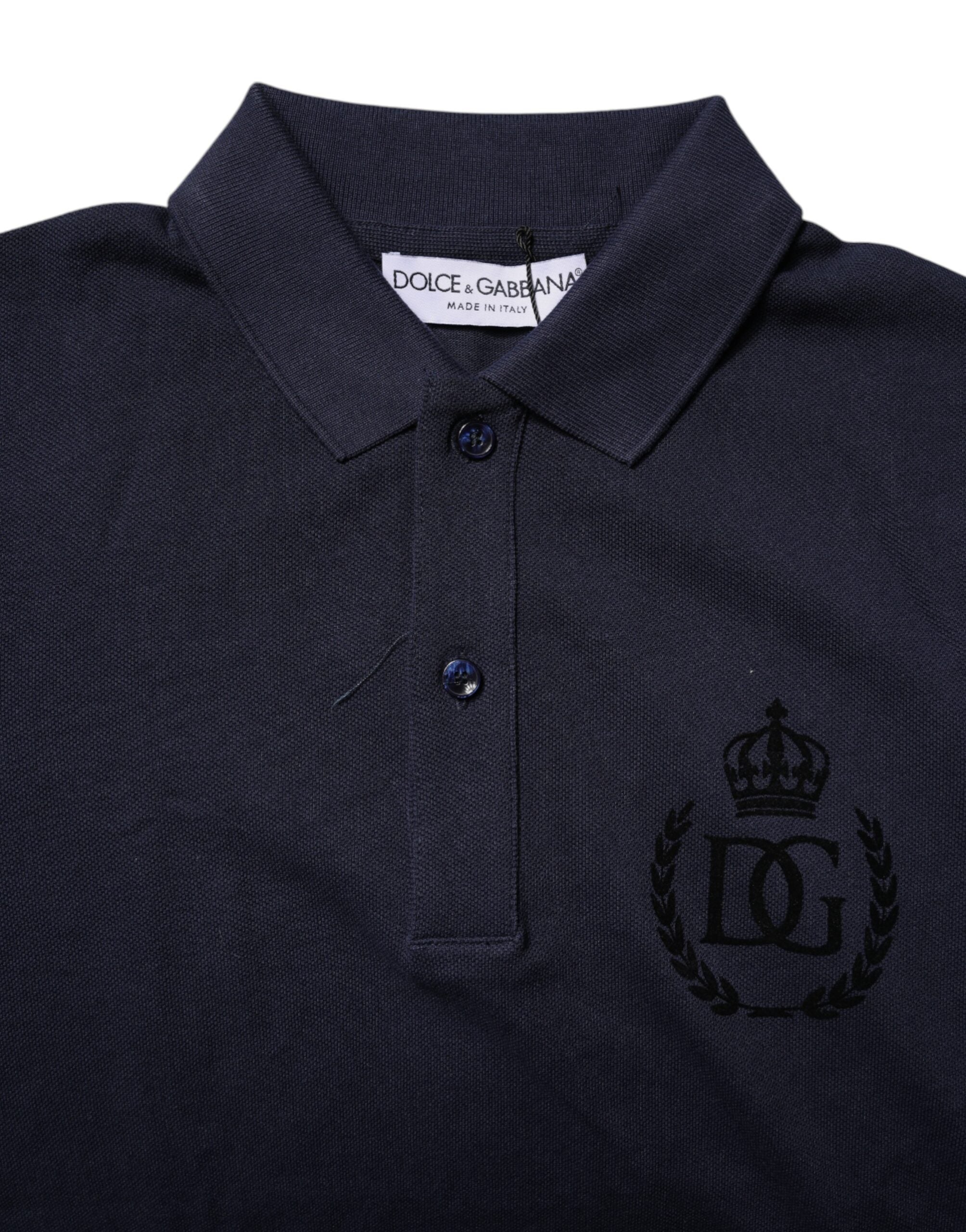 Dolce & Gabbana Dunkelblaues Baumwoll-Polo-T-Shirt mit Kronenkragen