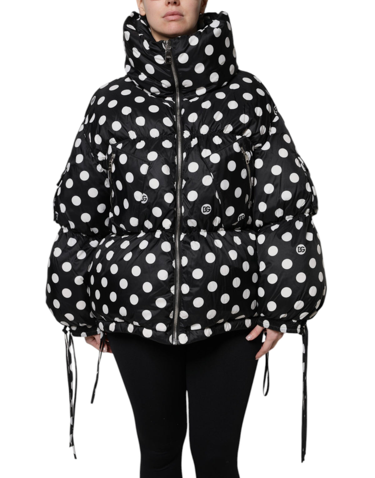 Dolce & Gabbana Schwarze weiße gepunktete Pufferjacke mit durchgehendem Reißverschluss