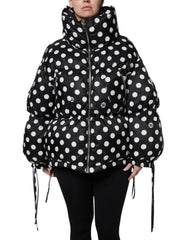 Dolce & Gabbana Schwarze weiße gepunktete Pufferjacke mit durchgehendem Reißverschluss