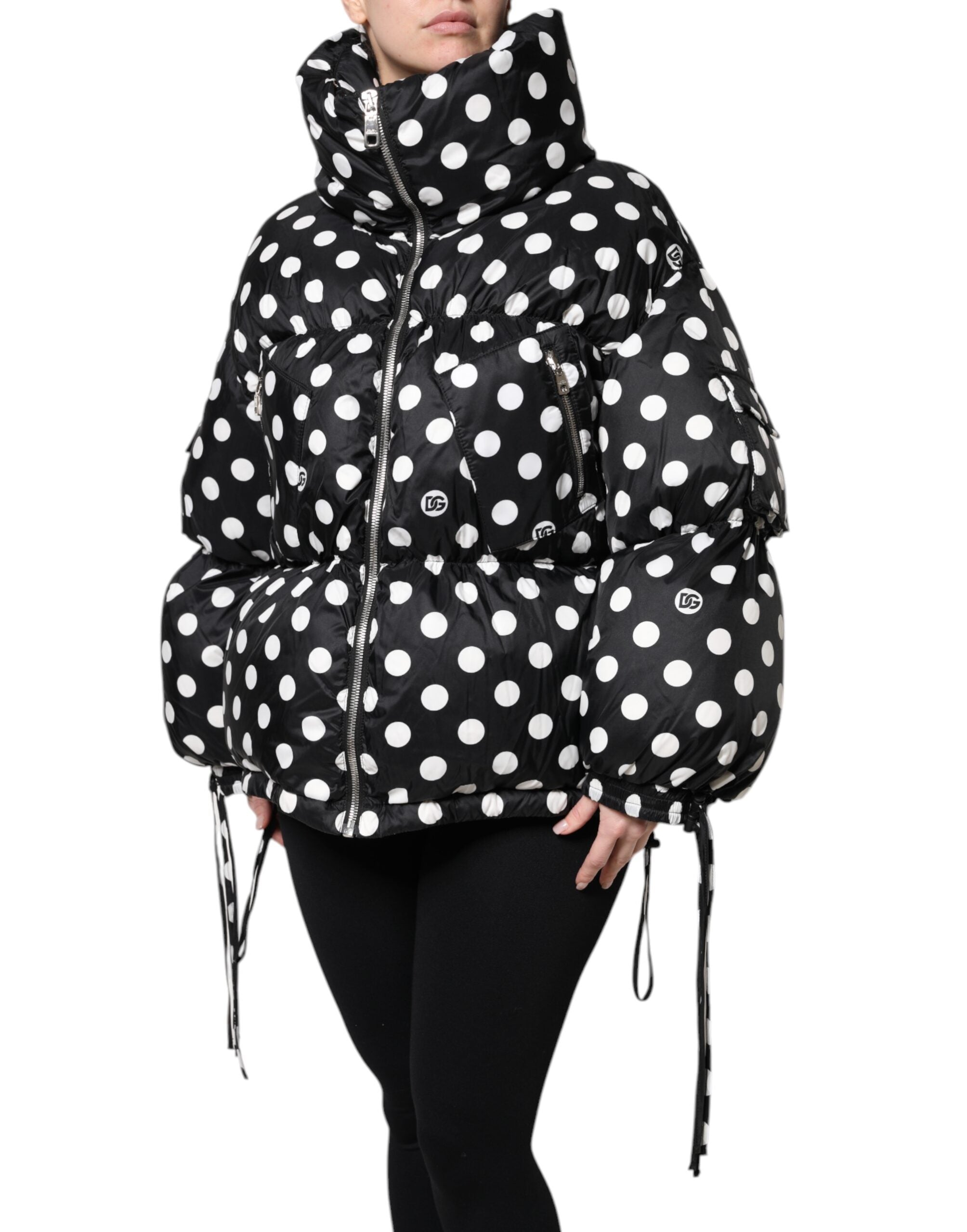 Dolce & Gabbana Schwarze weiße gepunktete Pufferjacke mit durchgehendem Reißverschluss
