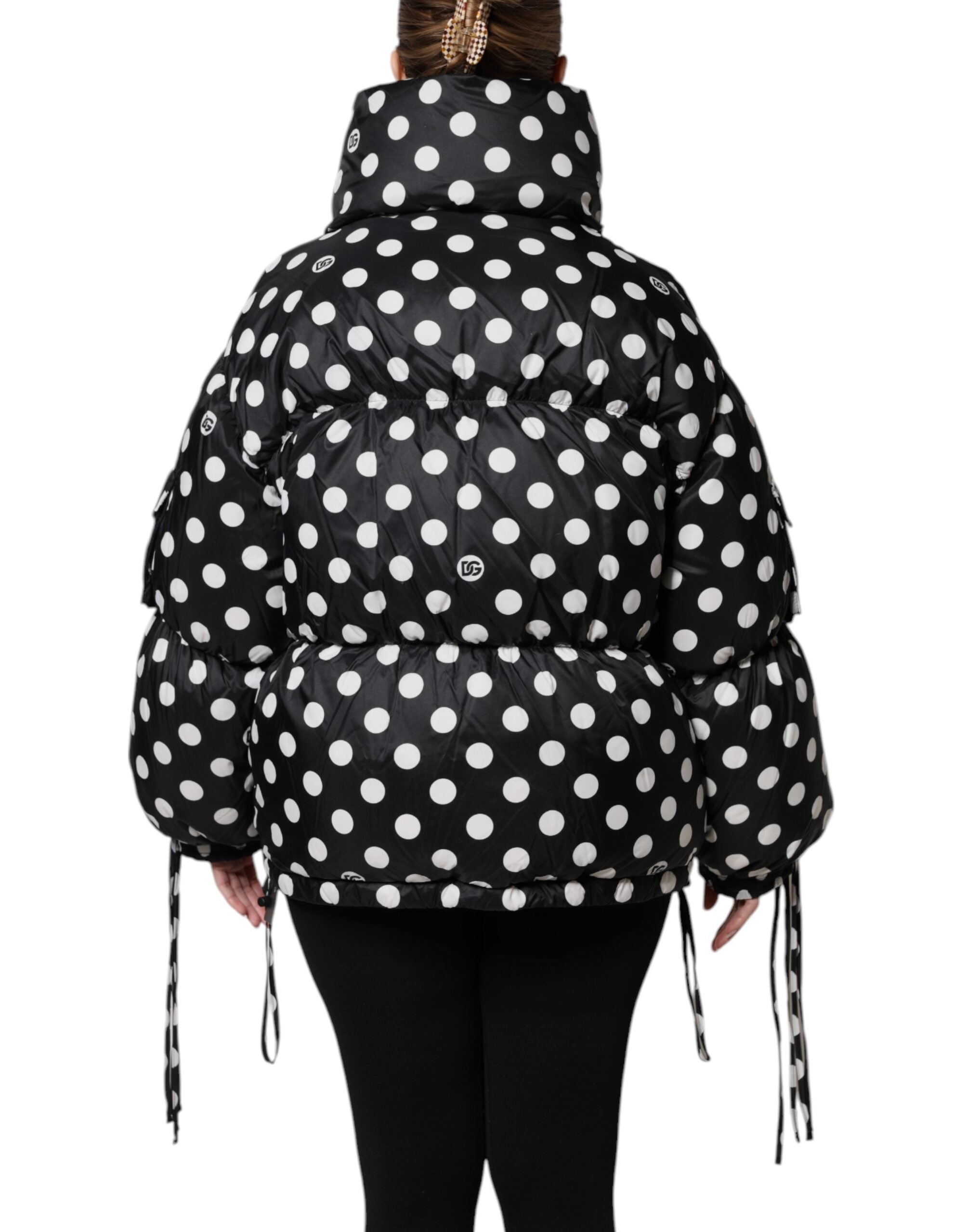 Dolce & Gabbana Schwarze weiße gepunktete Pufferjacke mit durchgehendem Reißverschluss