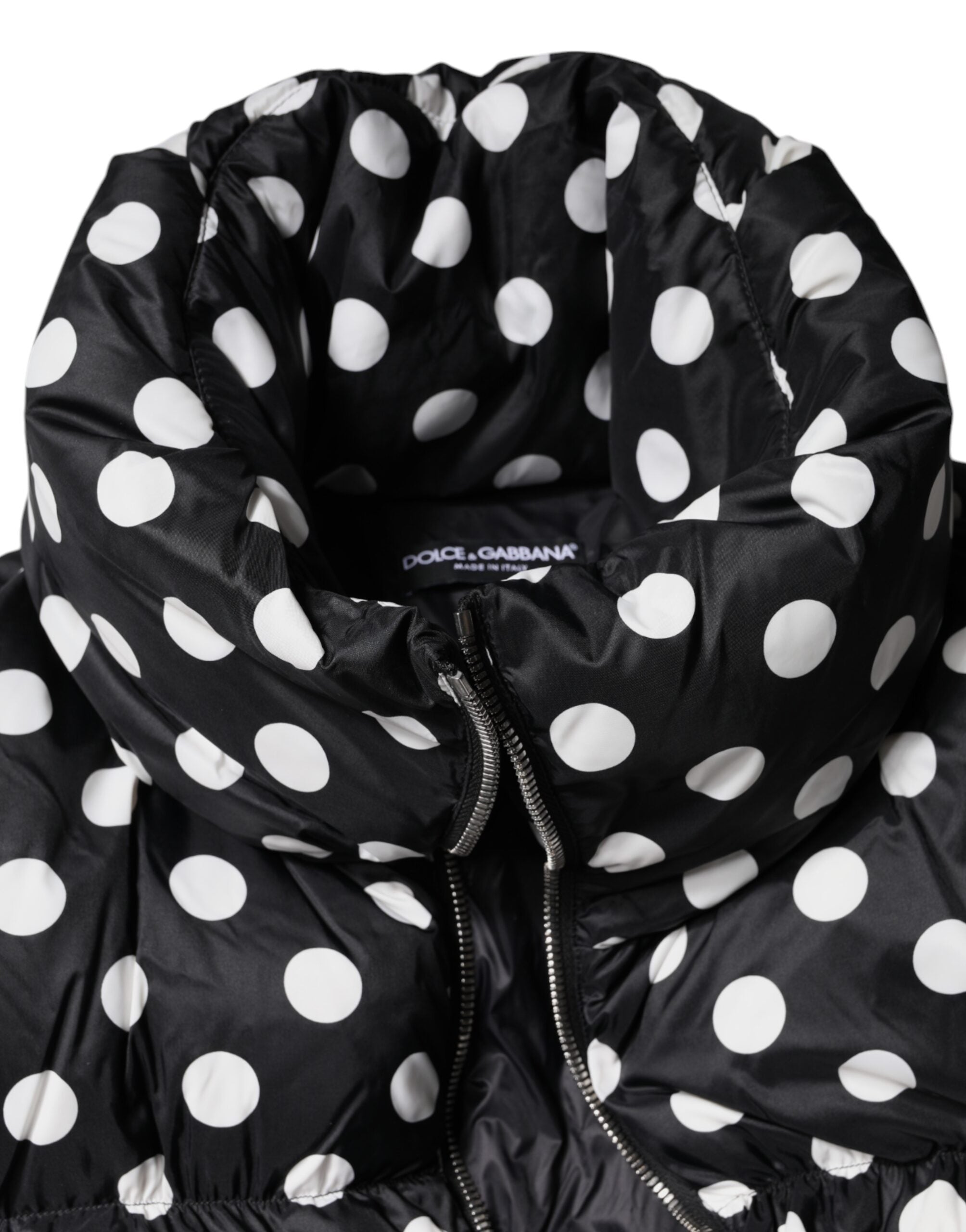 Dolce & Gabbana Schwarze weiße gepunktete Pufferjacke mit durchgehendem Reißverschluss