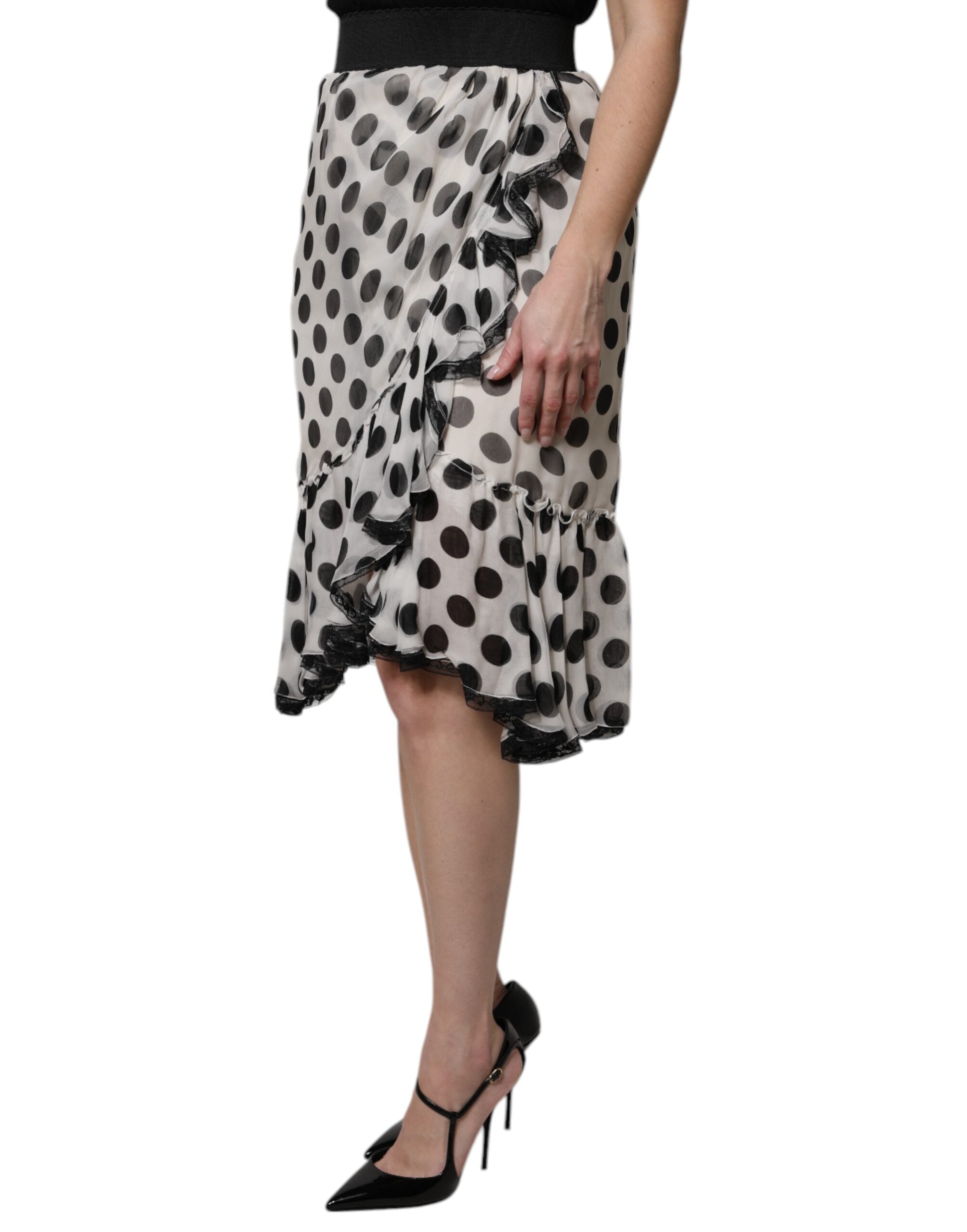 Dolce & Gabbana White Black Polka Dots Knee Length Skirt