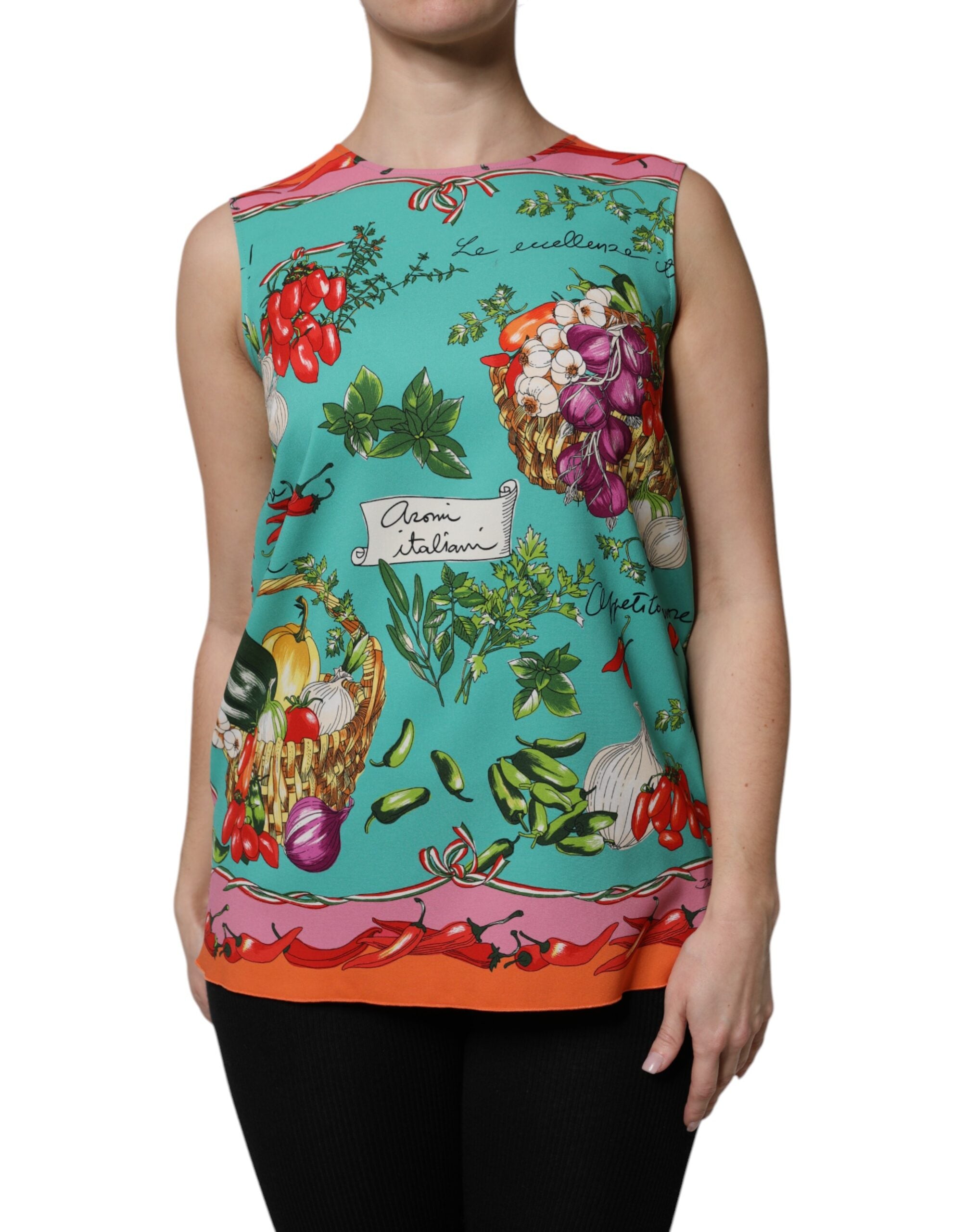 Dolce & Gabbana Ärmelloses Tanktop aus Seide mit mehrfarbigem Blumenmuster