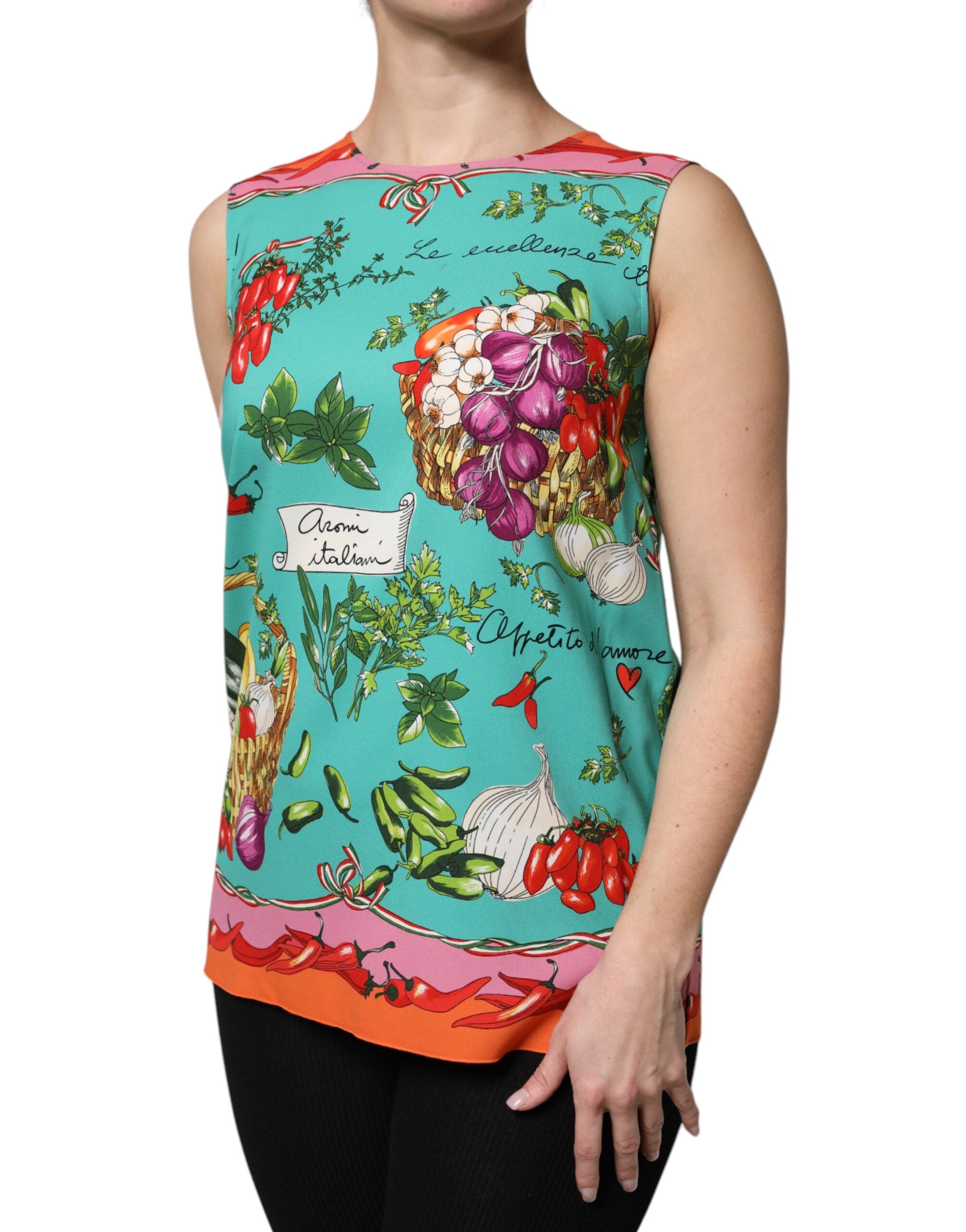 Dolce & Gabbana Ärmelloses Tanktop aus Seide mit mehrfarbigem Blumenmuster