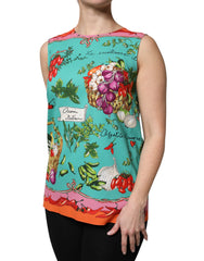 Dolce & Gabbana Ärmelloses Tanktop aus Seide mit mehrfarbigem Blumenmuster